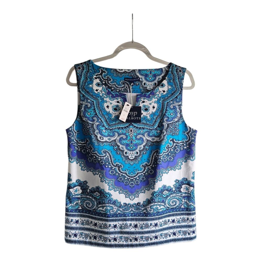 NEW Talbots RSVP Womens 6 Sleeveless Blouse Tank Side Zip Split Neck Blue/White